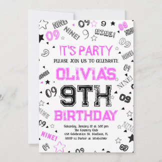 Hot Pink White Boy Number Nine Birthday Party Invitation