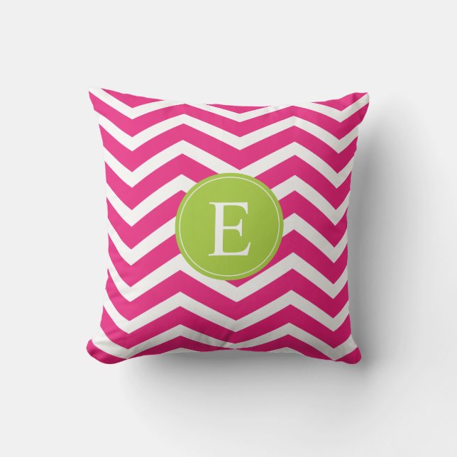 Hot Pink White Chevron Green Monogram Cushion (Front)