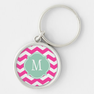 Hot Pink & White Chevron Monogram Keychain