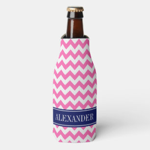 Hot Pink White Chevron Navy Name Monogram Bottle Cooler