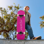 Hot Pink White Classy Curved Swash Signature Name Skateboard<br><div class="desc">Create your own elegant signature style script skateboard for her. Customise the size of the modern classy curved swash handwritten calligraphy script style as needed to fit within the trucks and wheels. If you change the white colour of the script font, make sure to double check the drop shadow colour...</div>
