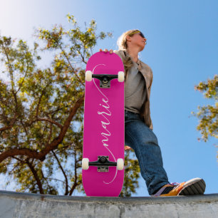 Hot Pink White Classy Curved Swash Signature Name Skateboard