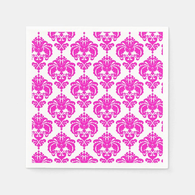 Hot Pink & White Damask Chic Elegant Party Napkin (Front)