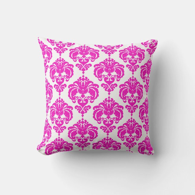 Hot Pink White Damask Chic Modern Elegant Pattern Cushion (Front)