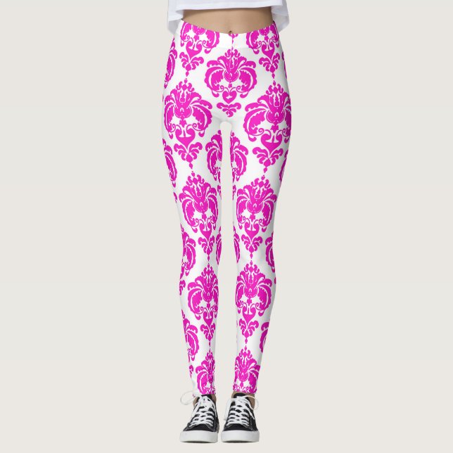 Hot Pink White Damask Chic Modern Elegant Pattern Leggings (Front)