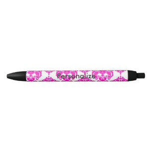 Hot Pink & White Damask Elegant Personalised Chic Blue Ink Pen