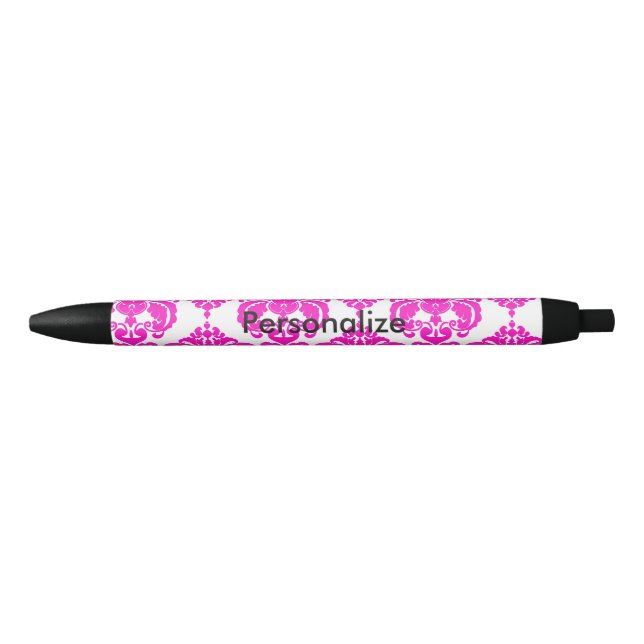 Hot Pink & White Damask Elegant Personalised Chic Blue Ink Pen (Front)