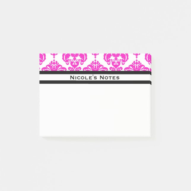 Hot Pink White Damask Pattern Modern Personalised Post-it Notes (Front)