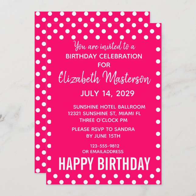 Hot Pink White Dots Pattern Happy Birthday Invitation (Front/Back)