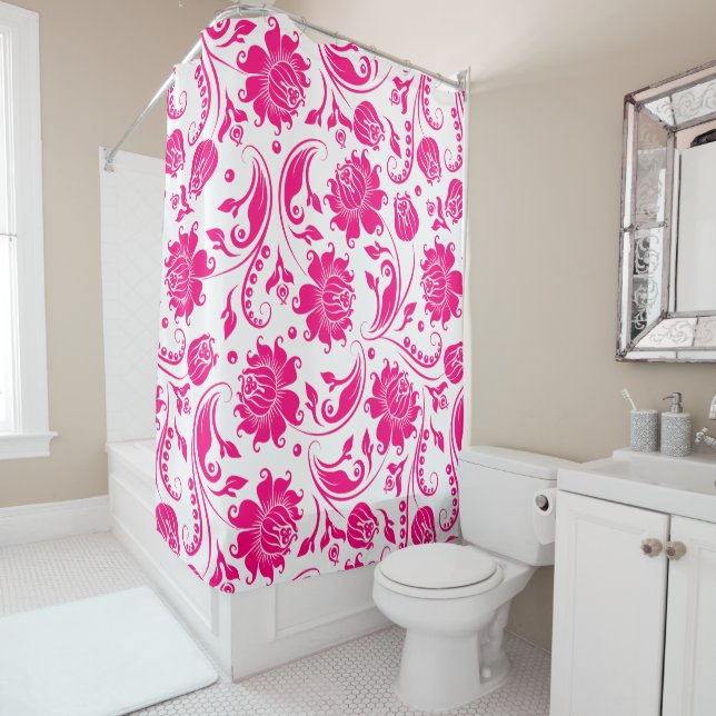 Hot pink & white floral damasks pattern shower curtain (In Situ)