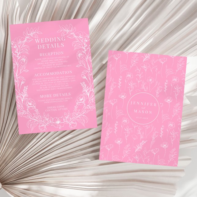 Hot pink white floral whreath wedding details Card (Creator Uploaded)