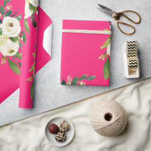 Hot Pink White floral  Wrapping Paper