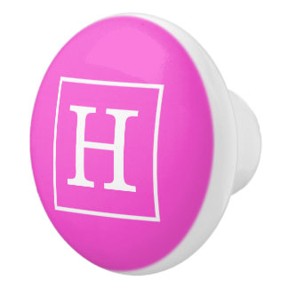 Hot Pink White Framed Initial Monogram Ceramic Knob