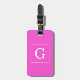 Hot Pink White Framed Initial Monogram Luggage Tag