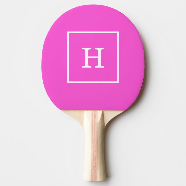 Hot Pink White Framed Initial Monogram Ping Pong Paddle (Front)