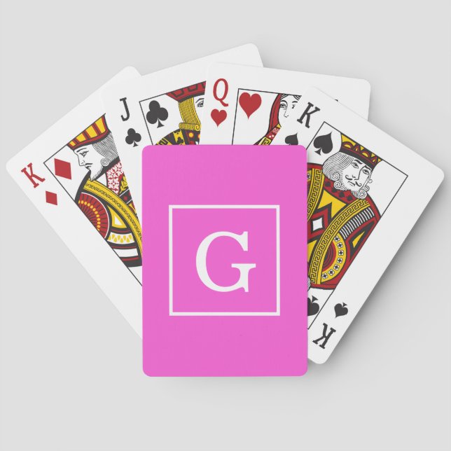 Hot Pink White Framed Initial Monogram Playing Cards (Back)