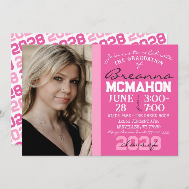 Hot Pink & White Graduation Photo Invitation (Front/Back)