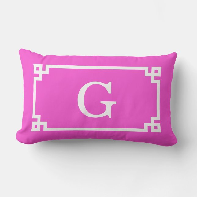 Hot Pink White Greek Key Frame #2 Initial Monogram Lumbar Cushion (Front)