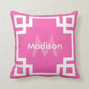 Hot Pink White Greek Key Monogram Cushion