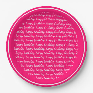 Hot Pink White Happy Birthday Script Typography Paper Plate
