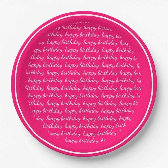Hot Pink White Happy Birthday Script Typography Paper Plate (Front)