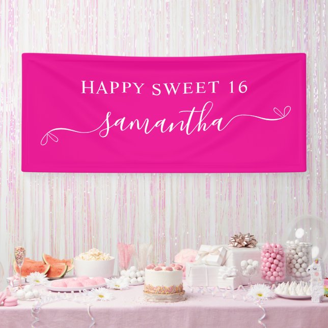Hot Pink White Happy Sweet 16 Cute Bow Signature Banner (Party)