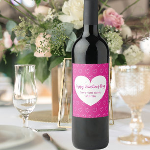 Hot pink white hearts Valentine's Day Wine Label