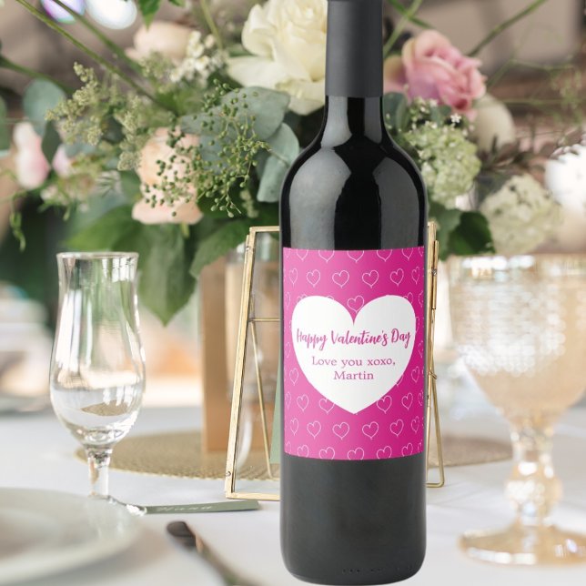 Hot pink white hearts Valentine's Day Wine Label (Creator Uploaded)