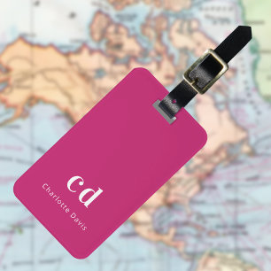 Hot pink white monogram initials luggage tag