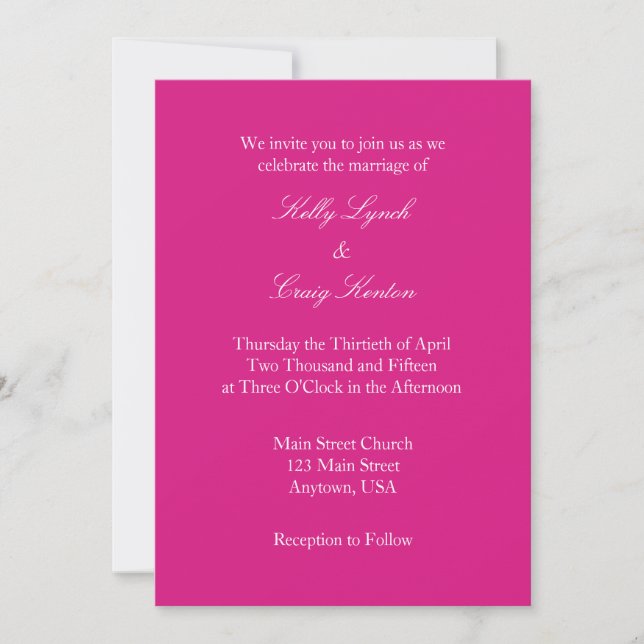 Hot Pink White Plain Simple Wedding Invitation (Front)