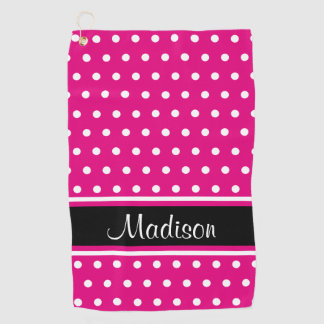 Hot Pink White Polka Dot Black Stripe Script Name Golf Towel
