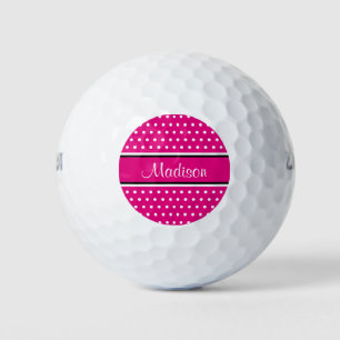 Hot Pink White Polka Dot Black Stripes Script Name Golf Balls