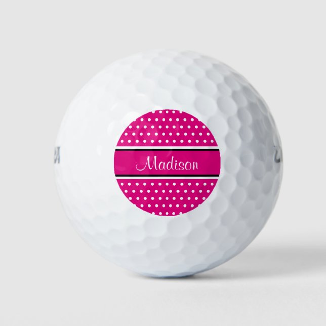 Hot Pink White Polka Dot Black Stripes Script Name Golf Balls (Front)