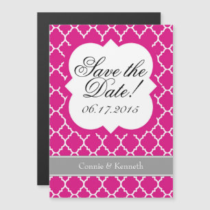 Hot Pink White Quatrefoil Save The Date Magnet