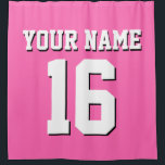 Hot Pink White Sports Jersey Team Jersey Shower Curtain<br><div class="desc">Preppy Solid Colour Team Jersey / Sports Jersey / Football Jersey / Rugby Jersey with Custom Name Customise this with your own name or team name and a number. You can change the size, colour and placement of the text if you need to make changes, change the colour of or...</div>