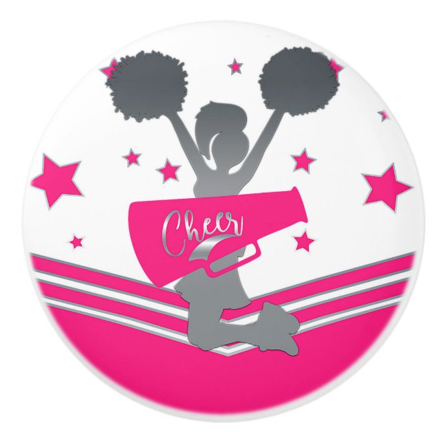 Hot Pink & White Stars Cheer Cheer-leading Girls Ceramic Knob (Front)