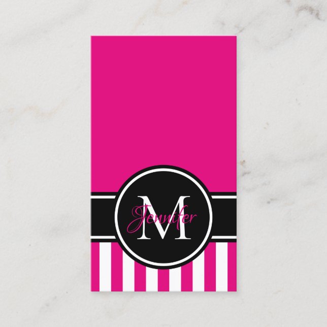 Hot Pink White Stripe Pattern Black Monogram Business Card (Front)