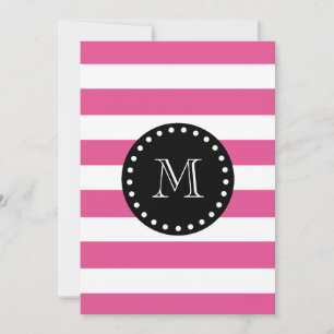 Hot Pink White Stripes Pattern, Black Monogram Card