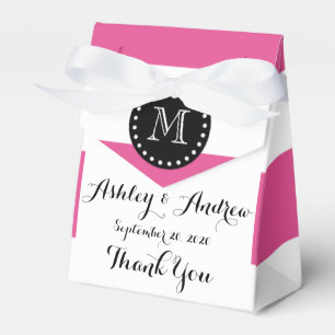 Hot Pink White Stripes Pattern, Black Monogram Favour Box