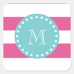 Hot Pink White Stripes Pattern, Teal Monogram Square Sticker