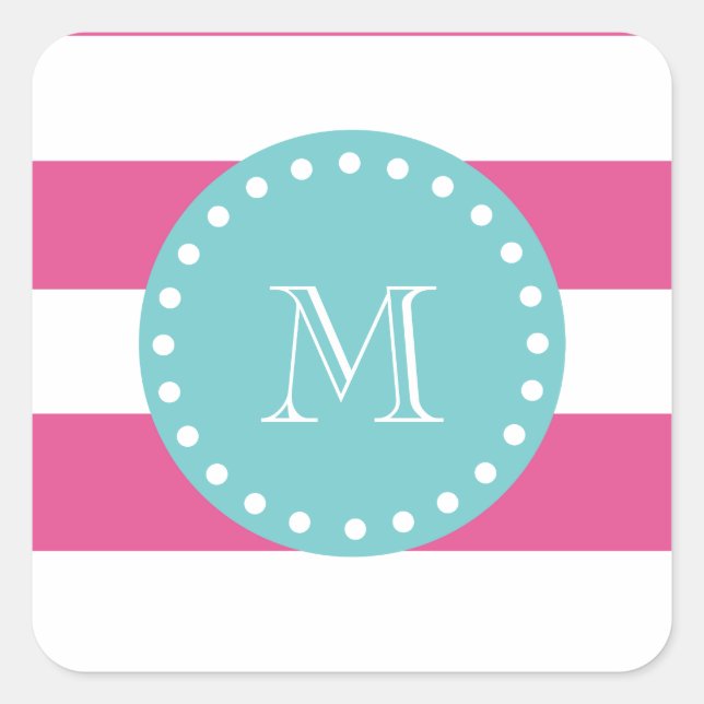 Hot Pink White Stripes Pattern, Teal Monogram Square Sticker (Front)