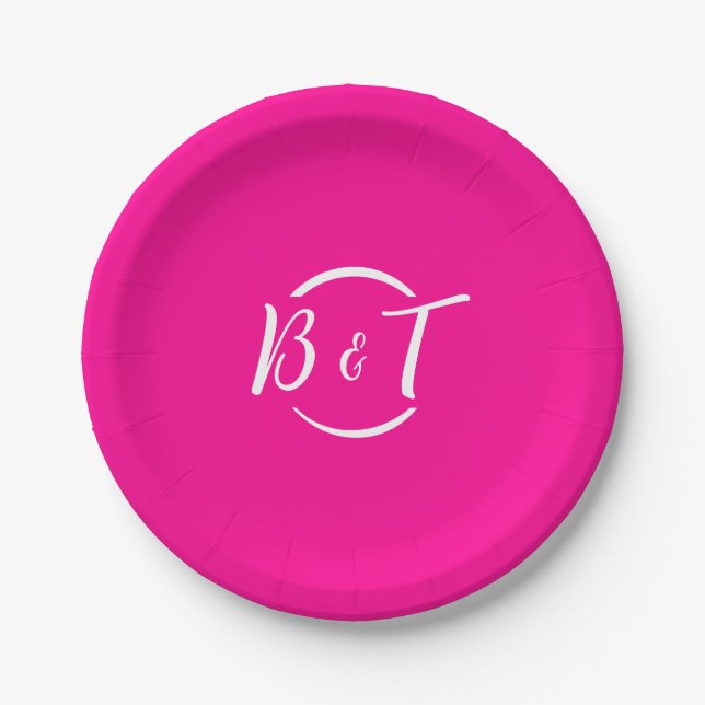 Hot Pink White Wedding Monogram Paper Plate (Front)