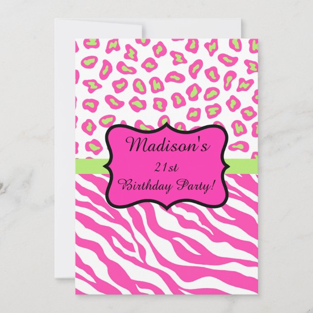 Hot Pink White Zebra Leopard 21st Birthday Party Invitation (Front)