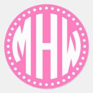 Hot Pink Wht 3 Initial Circle Monogram Dot DIY BG Classic Round Sticker