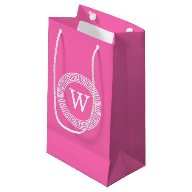 Hot Pink Wht Greek Key Rnd Frame Initial Monogram Small Gift Bag (Front Angled)
