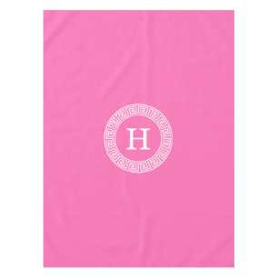 Hot Pink Wht Greek Key Rnd Frame Initial Monogram Tablecloth