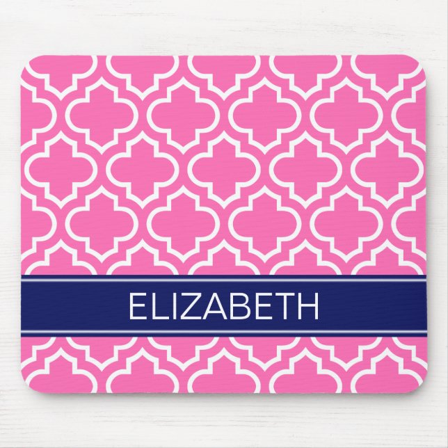 Hot PInk Wht Moroccan #6 Navy Blue Name Monogram Mouse Pad (Front)