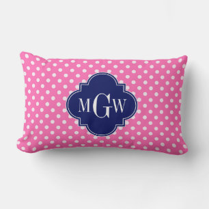 Hot Pink Wht Polka Dots Navy Quatrefoil 3 Monogram Lumbar Cushion
