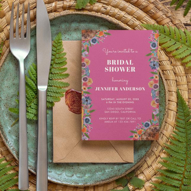 Hot Pink Wildflower Garden Boho Chic Bridal Shower Invitation (Creator Uploaded)