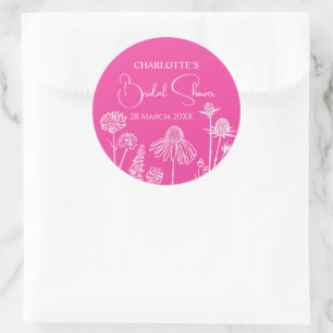 Hot Pink Wildflowers Sketched Floral Classic Round Sticker